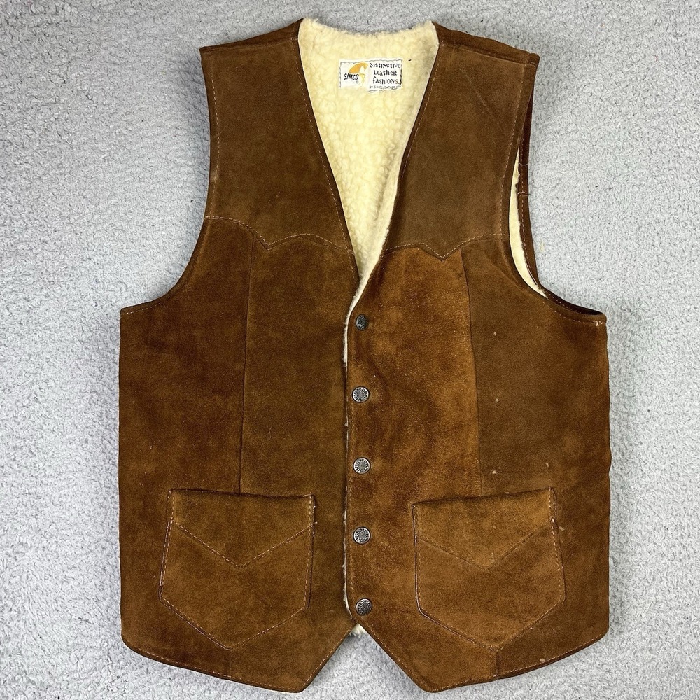 Vintage SIMCO Shearling Leather Vest Brown Western Cowboy Size 36
